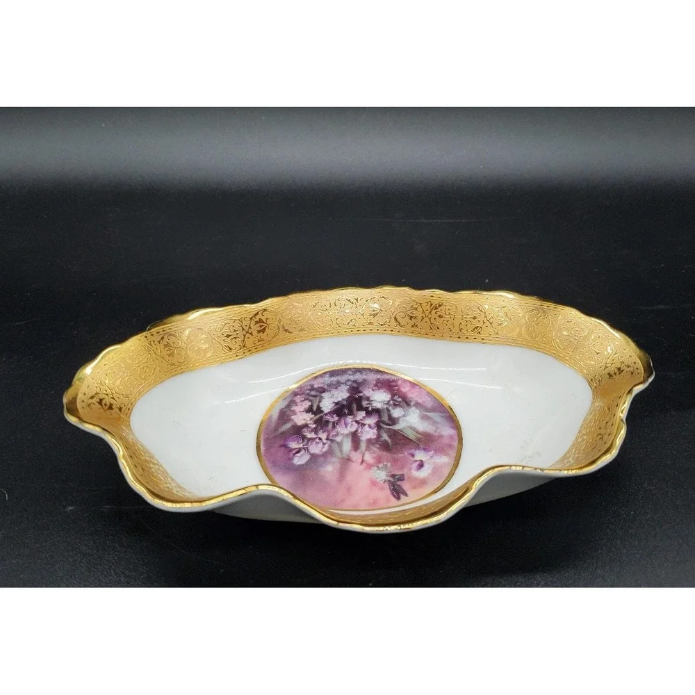 Limoges France Versailles Porcelain Trinket Dish Wavy Gold Gilt Purple Flower 7
